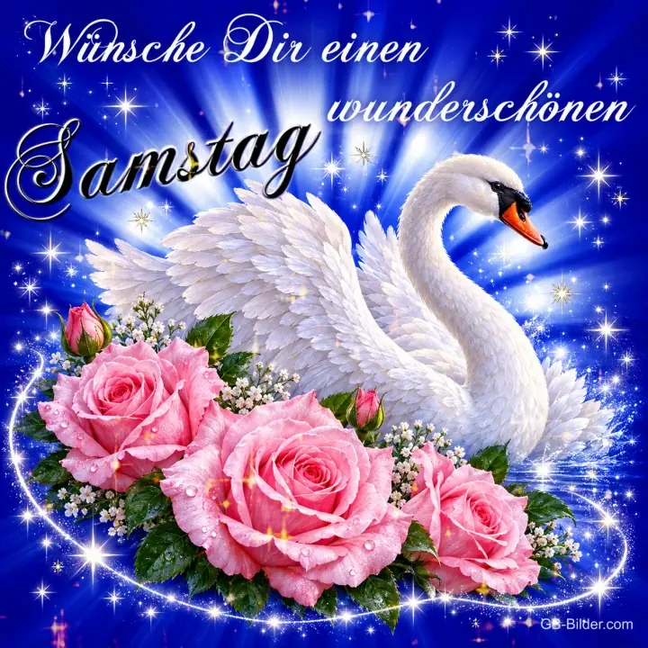 Weißer Schwan zwischen rosa Rosen vor blauem Lichterhintergrund, Text: Wünsche Dir einen wunderschönen Samstag