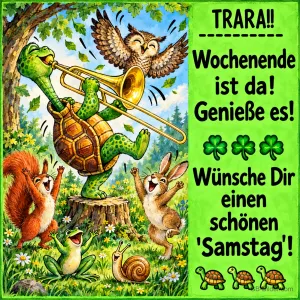 Schildkröte spielt Posaune, Eule, Eichhörnchen, Hase und Frosch tanzen, Text: TRARA!! Wochenende ist da! Genieße es! Wünsche Dir einen schönen "Samstag"!