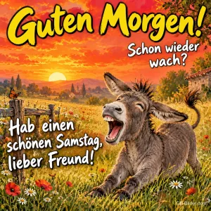 Esel liegt laut lachend in einer Wiese bei Sonnenaufgang, Text: Guten Morgen! Schon wieder wach? – Hab einen schönen Samstag, lieber Freund!