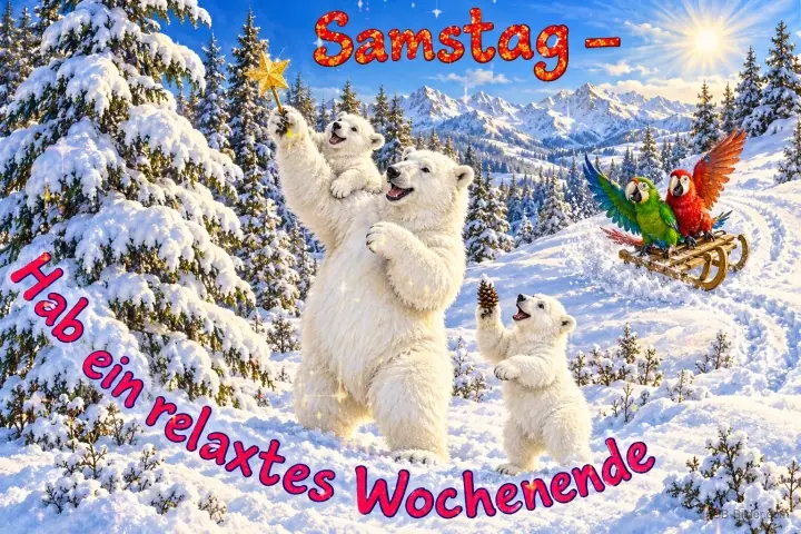 Eisbären im Schnee, zwei Papageien fahren Schlitten, Text: Samstag – Hab ein relaxtes Wochenende