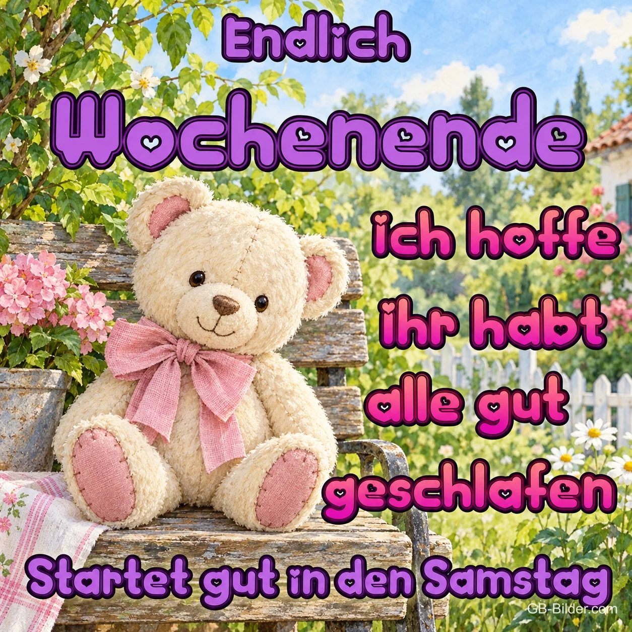 Teddybär auf der Gartenbank, Text: Endlich Wochenende Teddybär auf der Gartenbank, Text: Endlich Wochenende