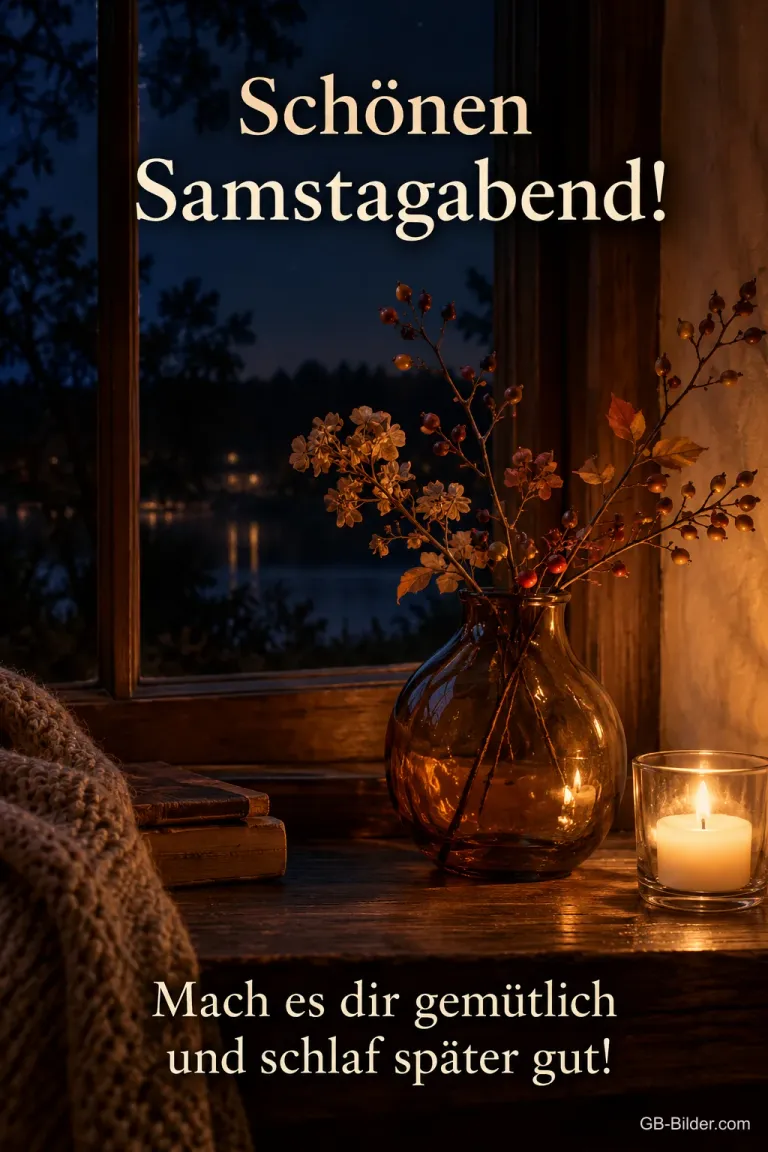 Vase mit Herbstzweigen und brennende Kerze am nächtlichen Fenster, Text: Schönen Samstagabend! – Mach es dir gemütlich und schlaf später gut!