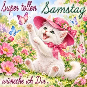Weißes Kätzchen mit rosa Hut spielt mit Schmetterlingen, Text: Super tollen Samstag wünsche ich Dir…