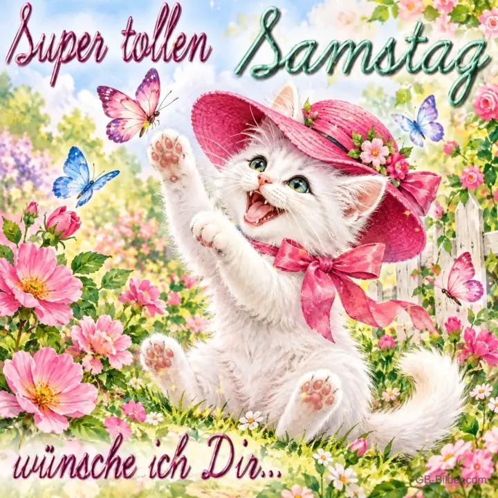 Weißes Kätzchen mit rosa Hut spielt mit Schmetterlingen, Text: Super tollen Samstag wünsche ich Dir…