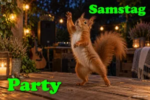 Eichhörnchen tanzt auf einer Terrasse mit Lichterketten, Text: Samstag Party
