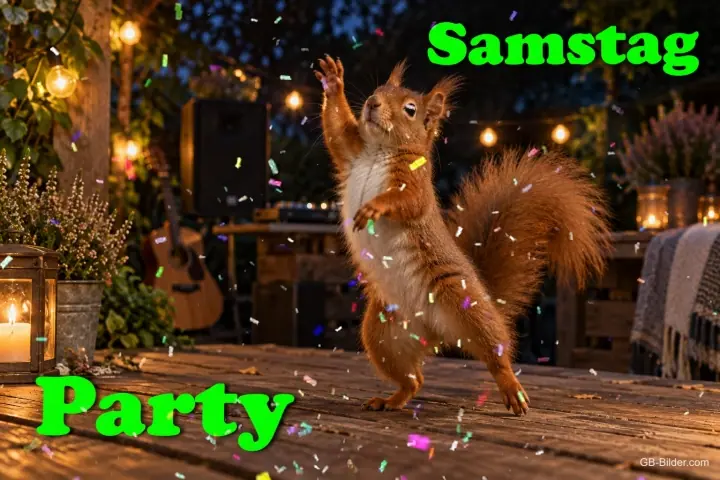 Eichhörnchen tanzt auf einer Terrasse mit Lichterketten, Text: Samstag Party