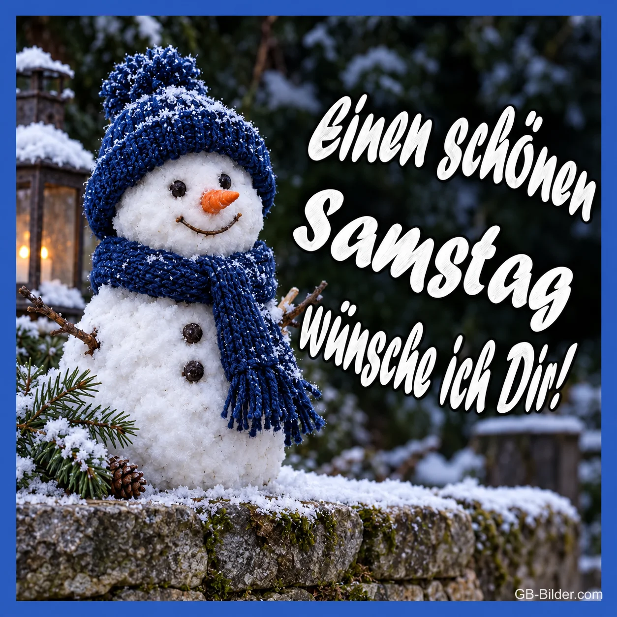 Schneemann mit blauer Mütze und Schal auf einer verschneiten Mauer, Text: Einen schönen Samstag wünsche ich Dir!
