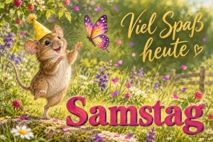 Maus mit Partyhut tanzt mit einem Schmetterling auf einer Blumenwiese, Text: Viel Spaß heute – Samstag