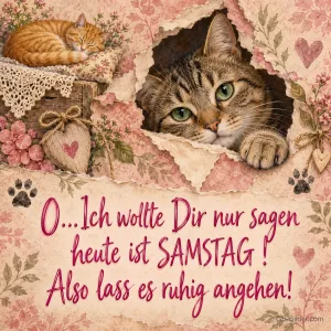 Getigerte Katze schaut aus einem Loch im Papier, daneben ein schlafendes Kätzchen, Text: O… Ich wollte Dir nur sagen heute ist SAMSTAG! Also lass es ruhig angehen!