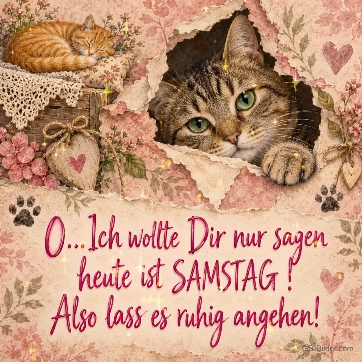 Getigerte Katze schaut aus einem Loch im Papier, daneben ein schlafendes Kätzchen, Text: O… Ich wollte Dir nur sagen heute ist SAMSTAG! Also lass es ruhig angehen! Getigerte Katze schaut aus einem Loch im Papier, daneben ein schlafendes Kätzchen, Text: O… Ich wollte Dir nur sagen heute ist SAMSTAG! Also lass es ruhig angehen!