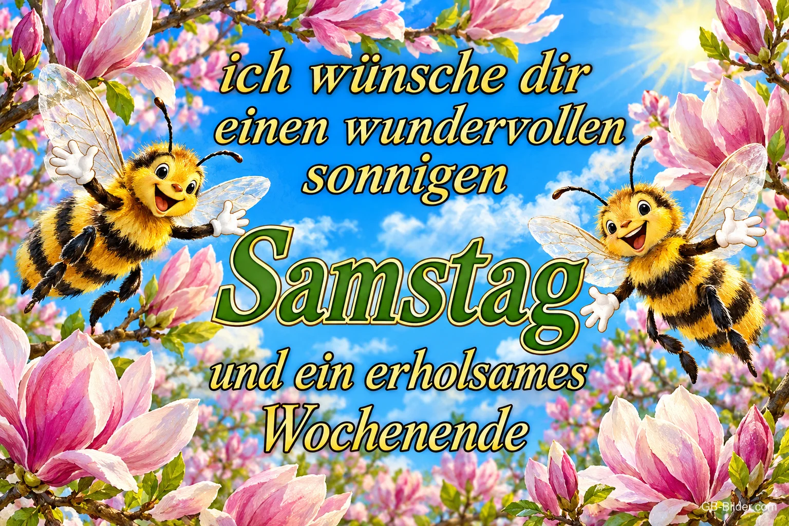 Zwei fröhliche Bienen fliegen zwischen Magnolienblüten, Text: ich wünsche dir einen wundervollen sonnigen Samstag und ein erholsames Wochenende Zwei fröhliche Bienen fliegen zwischen Magnolienblüten, Text: ich wünsche dir einen wundervollen sonnigen Samstag und ein erholsames Wochenende