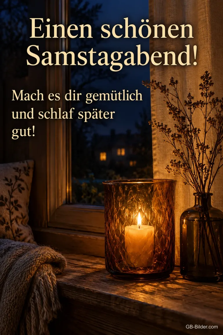 Brennendes Windlicht am abendlichen Fenster, Text: Einen schönen Samstagabend! – Mach es dir gemütlich und schlaf später gut!