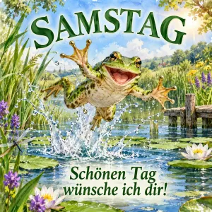 Frosch springt jubelnd aus einem Teich mit Seerosen, Text: SAMSTAG – Schönen Tag wünsche ich dir!