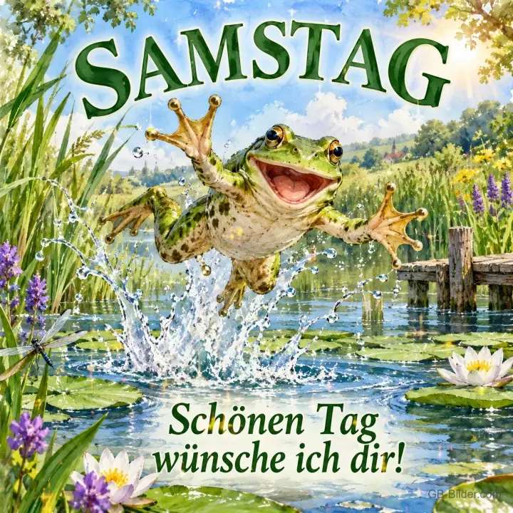 Frosch springt jubelnd aus einem Teich mit Seerosen, Text: SAMSTAG – Schönen Tag wünsche ich dir!