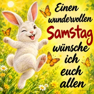 Weißer Hase springt zwinkernd zwischen Schmetterlingen, Text: Einen wundervollen Samstag wünsche ich euch allen