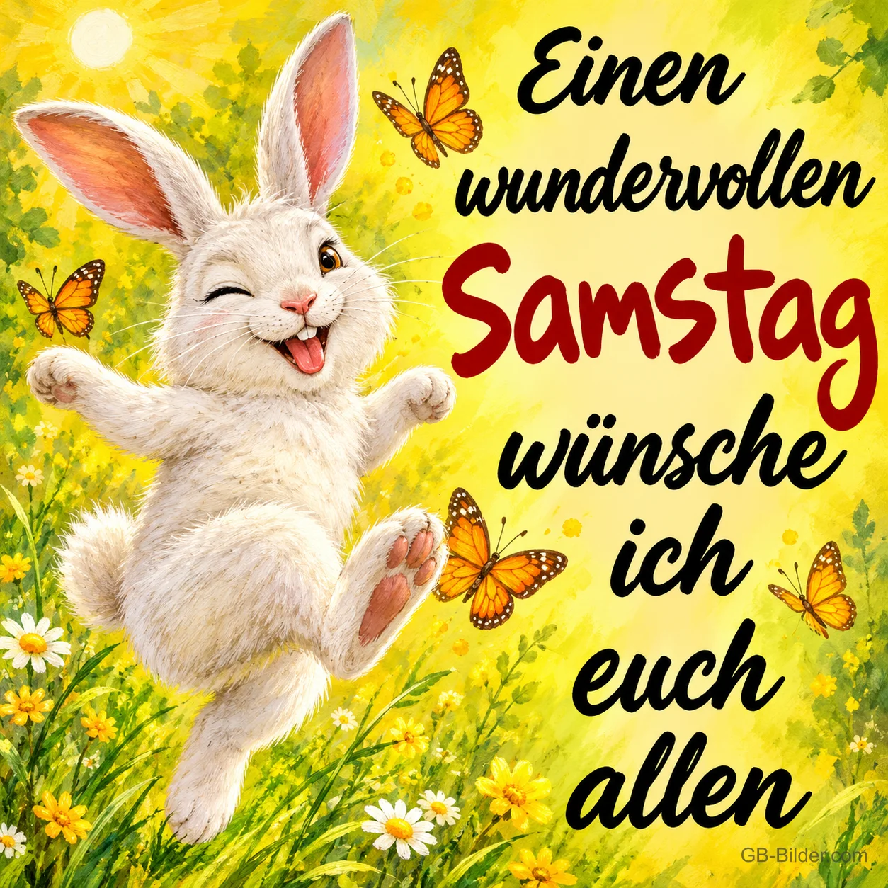 Weißer Hase springt zwinkernd zwischen Schmetterlingen, Text: Einen wundervollen Samstag wünsche ich euch allen Weißer Hase springt zwinkernd zwischen Schmetterlingen, Text: Einen wundervollen Samstag wünsche ich euch allen