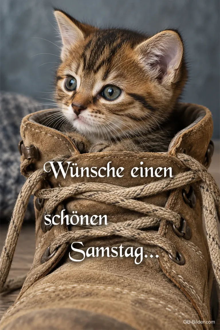 Kätzchen schaut aus einem Lederschuh, Text: Wünsche einen schönen Samstag