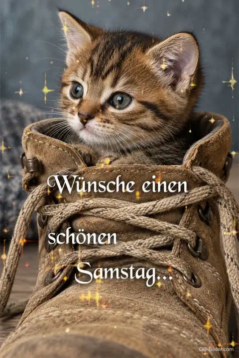 Kätzchen schaut aus einem Lederschuh, Text: Wünsche einen schönen Samstag