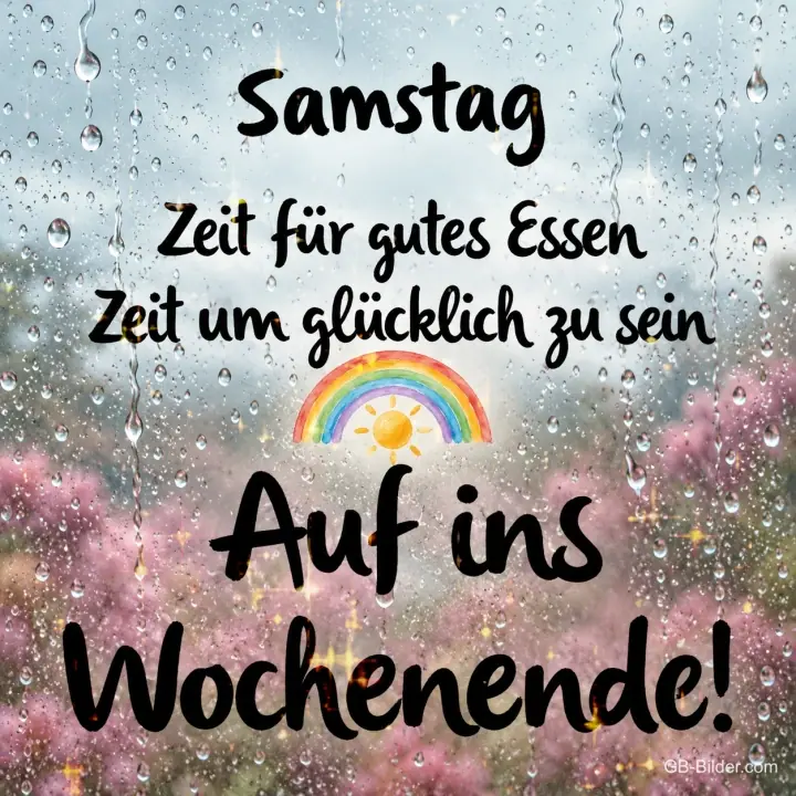 Regentropfen am Fenster vor blühender Heide mit Regenbogen, Text: Samstag – Zeit für gutes Essen, Zeit um glücklich zu sein. Auf ins Wochenende! Regentropfen am Fenster vor blühender Heide mit Regenbogen, Text: Samstag – Zeit für gutes Essen, Zeit um glücklich zu sein. Auf ins Wochenende!