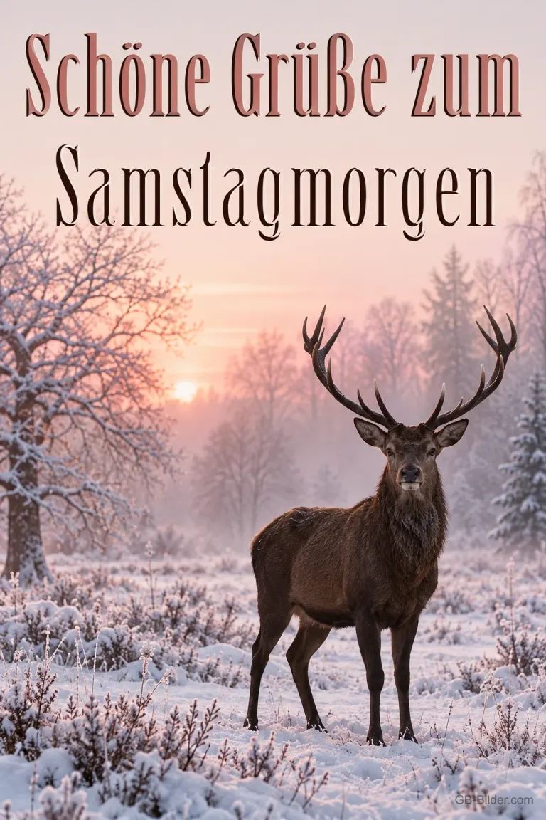 Hirsch im Schnee, Text: Schöne Grüße zum Samstagmorgen