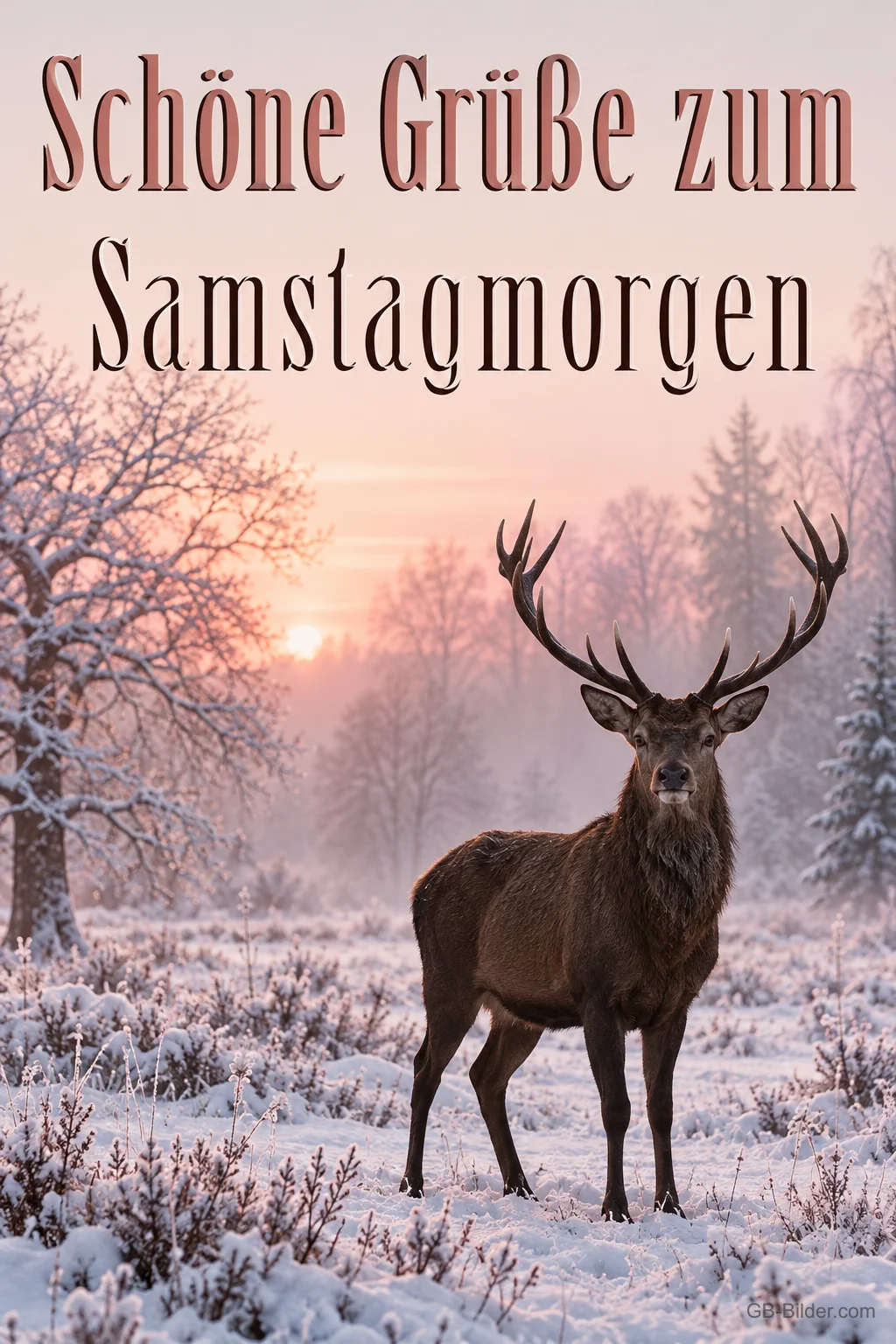 Hirsch im Schnee, Text: Schöne Grüße zum Samstagmorgen