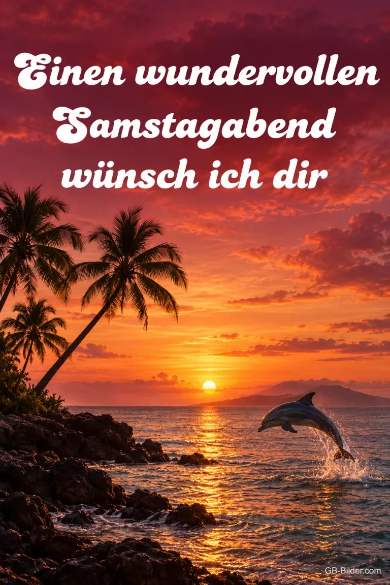 Springender Delfin vor Palmen im Sonnenuntergang, Text: Einen wundervollen Samstagabend wünsch ich dir