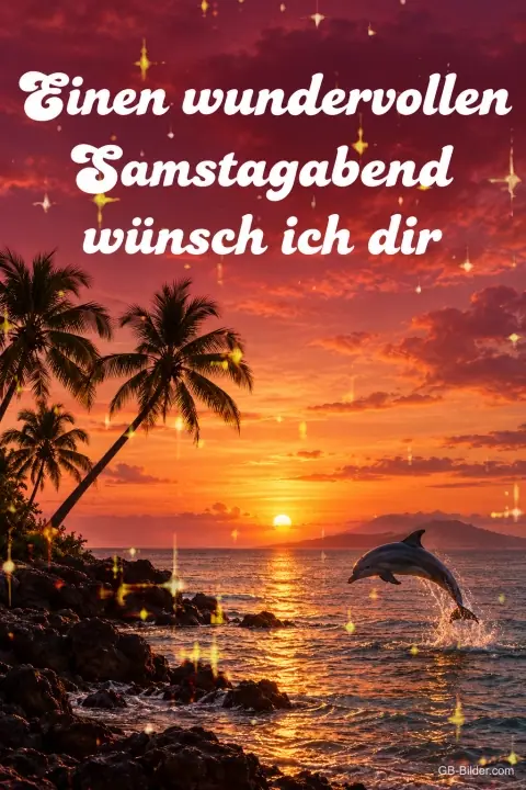 Springender Delfin vor Palmen im Sonnenuntergang, Text: Einen wundervollen Samstagabend wünsch ich dir