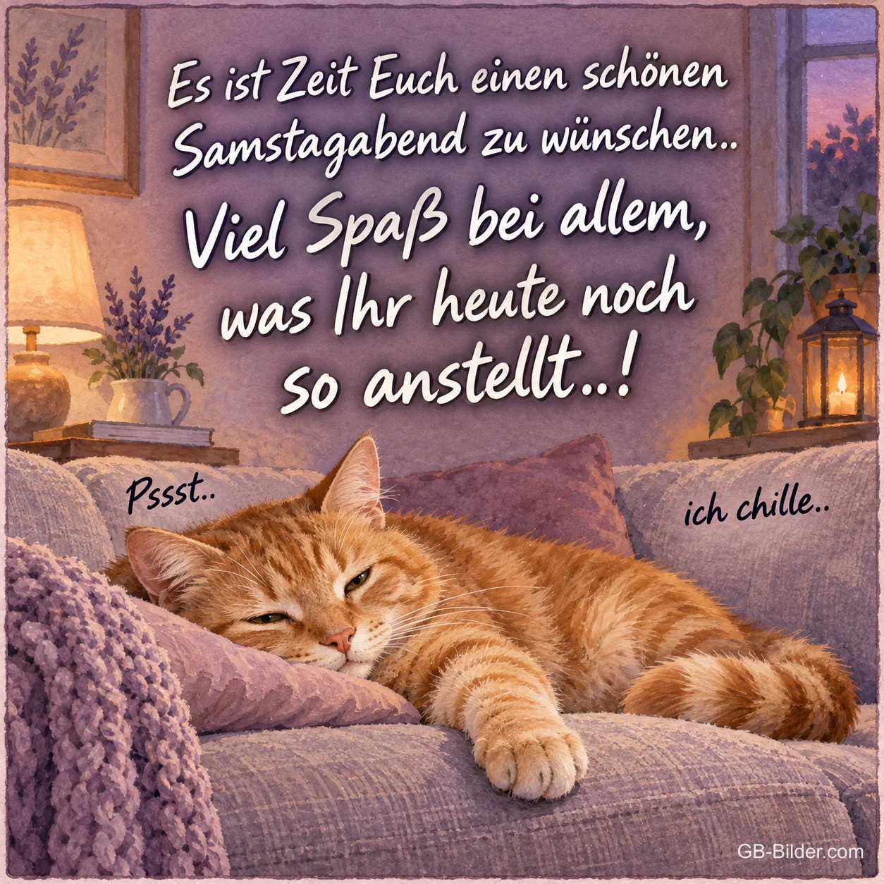 Entspannte Katze auf dem Sofa, Text: Es ist Zeit Euch einen schönen Samstagabend zu wünschen