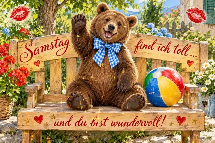 Bär mit Schleife winkt auf einer Gartenbank neben einem Wasserball, Text: Samstag find ich toll … und du bist wundervoll! Bär mit Schleife winkt auf einer Gartenbank neben einem Wasserball, Text: Samstag find ich toll … und du bist wundervoll!