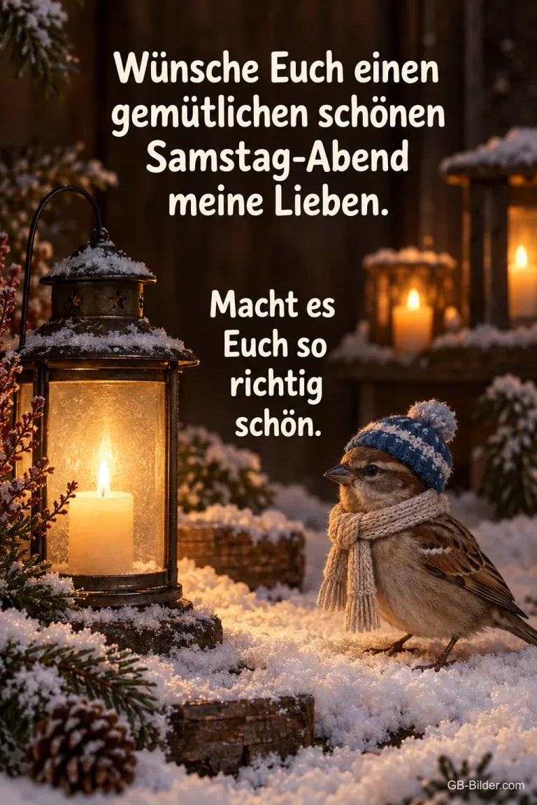 Spatz mit Mütze im Schnee, Text: Wünsche Euch einen gemütlichen schönen Samstag-Abend meine Lieben