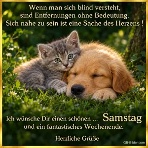 Kätzchen und Welpe kuscheln, Text: Wenn man sich blind versteht, sind Entfernungen ohne Bedeutung