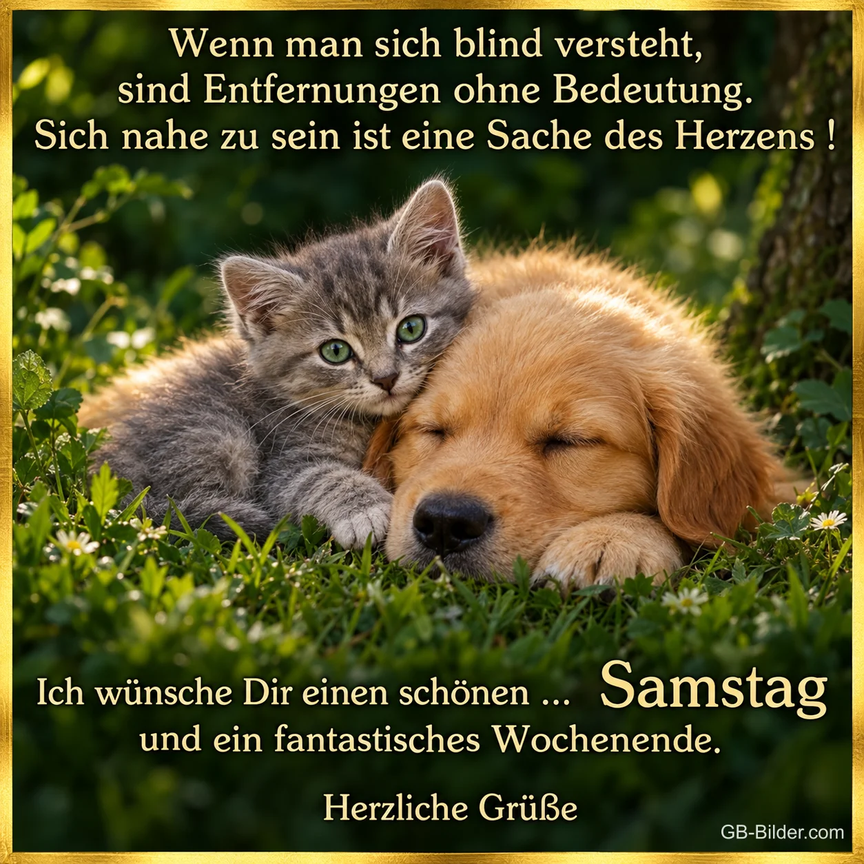 Kätzchen und Welpe kuscheln, Text: Wenn man sich blind versteht, sind Entfernungen ohne Bedeutung