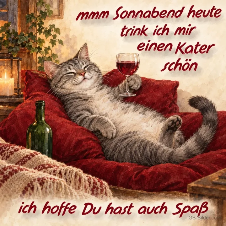 Katze mit Weinglas auf roten Kissen, Text: Sonnabend heute trink ich mir einen Kater schön