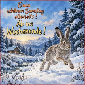 Rennender Hase im Schnee, Text: Einen schönen Samstag allerseits