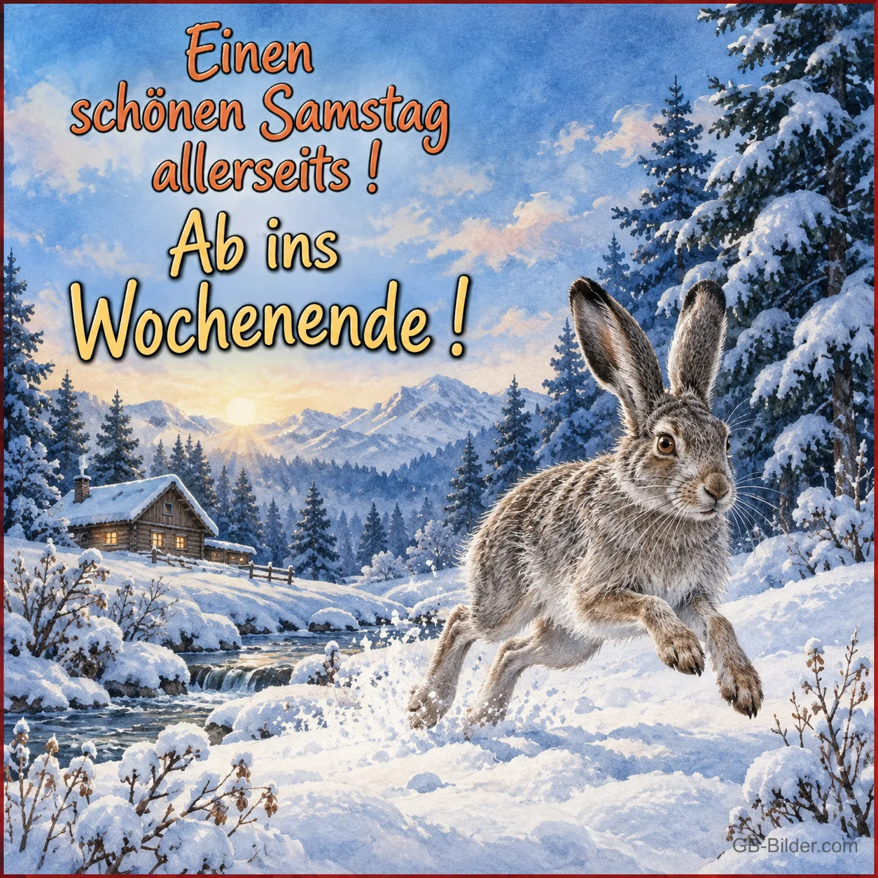 Rennender Hase im Schnee, Text: Einen schönen Samstag allerseits