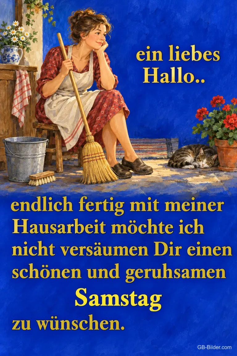 Müde Frau mit Besen auf einem Hocker, Text: Endlich fertig mit meiner Hausarbeit, einen schönen und geruhsamen Samstag