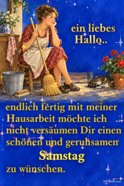 Müde Frau mit Besen auf einem Hocker, Text: Endlich fertig mit meiner Hausarbeit, einen schönen und geruhsamen Samstag