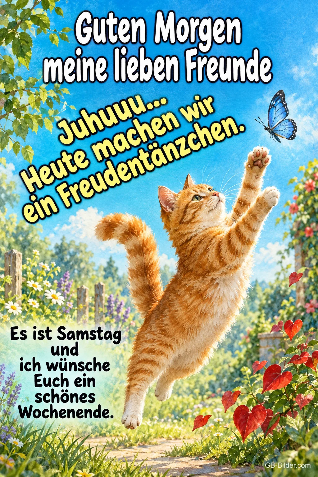 Springender Kater, Text: Guten Morgen meine lieben Freunde