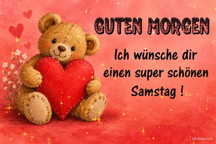 Teddybär mit rotem Herz, Text: Guten Morgen – Ich wünsche dir einen super schönen Samstag! Teddybär mit rotem Herz, Text: Guten Morgen – Ich wünsche dir einen super schönen Samstag!