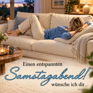 Frau entspannt auf dem Sofa, Text: Einen entspannten Samstagabend wünsche ich dir