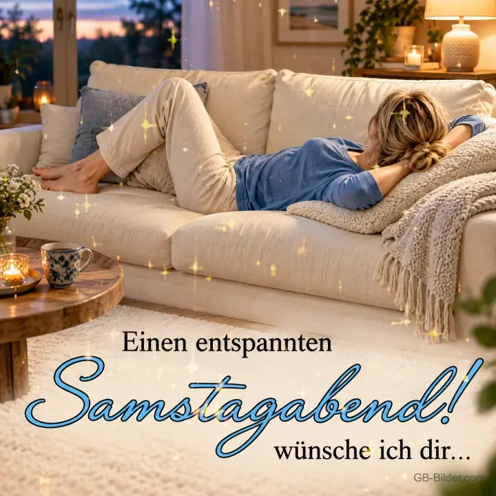 Frau entspannt auf dem Sofa, Text: Einen entspannten Samstagabend wünsche ich dir