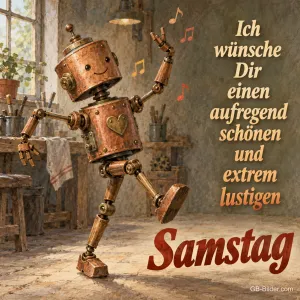Tanzender Roboter aus Kupfer in einer Werkstatt mit Musiknoten, Text: Ich wünsche Dir einen aufregend schönen und extrem lustigen Samstag
