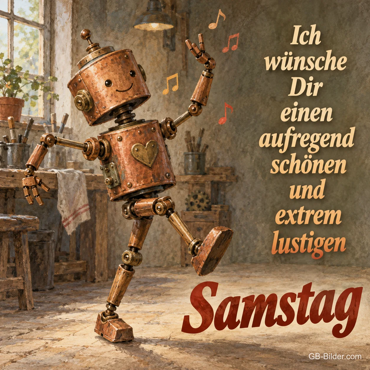 Tanzender Roboter aus Kupfer in einer Werkstatt mit Musiknoten, Text: Ich wünsche Dir einen aufregend schönen und extrem lustigen Samstag