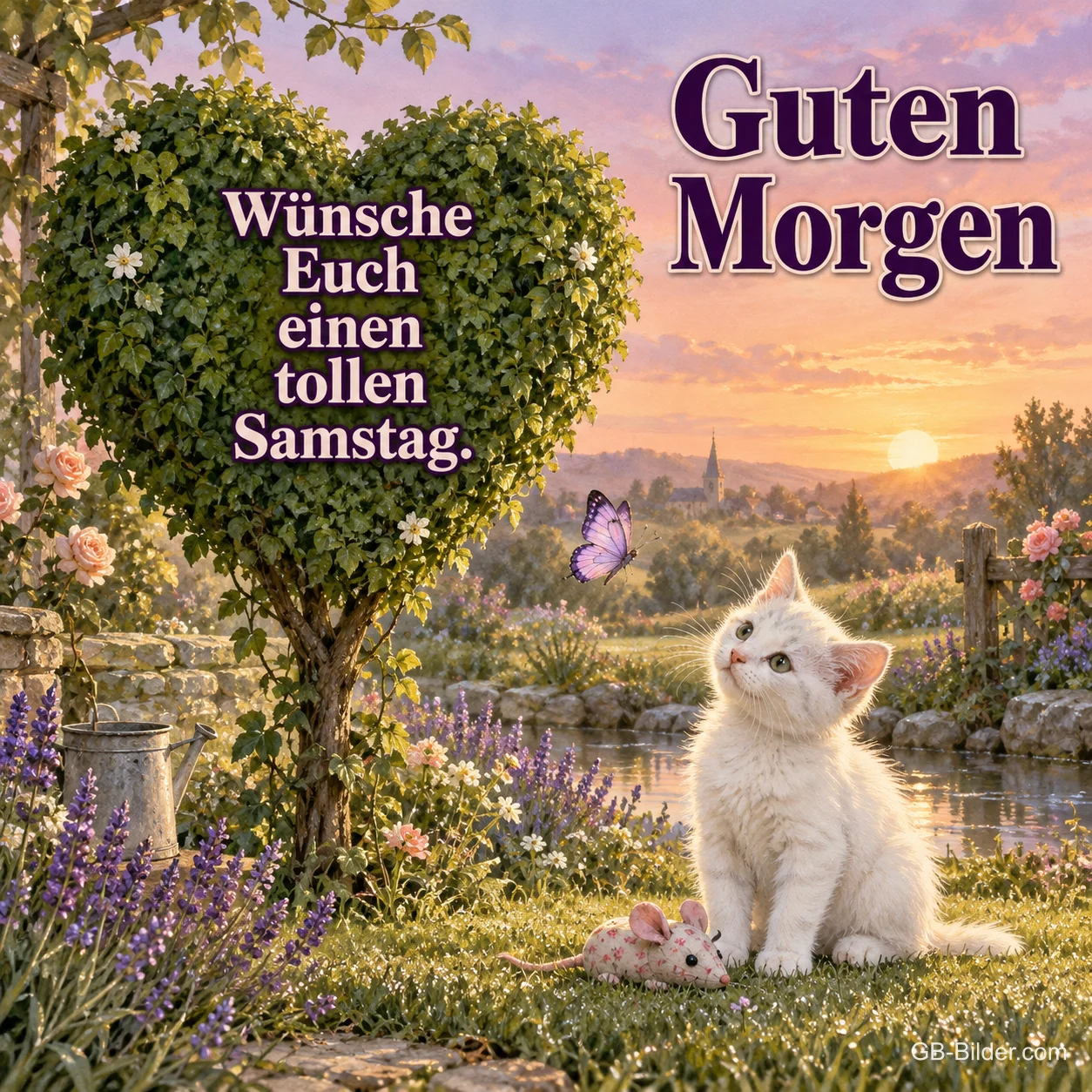 Weißes Kätzchen und Schmetterling vor einem herzförmigen Baum im Morgenlicht, Text: Guten Morgen – Wünsche euch einen tollen Samstag.