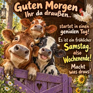 Drei lachende Kühe schauen über ein Stalltor, ein Huhn flattert darüber, Text: Guten Morgen Ihr da draußen.. startet in einen genialen Tag! Es ist ein fröhlicher Samstag.. also Wochenende! Macht was draus!