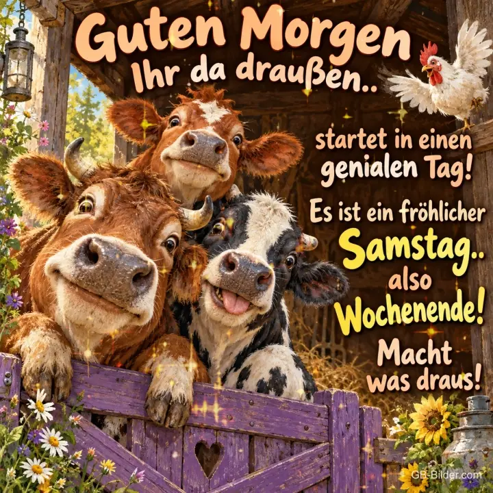 Drei lachende Kühe schauen über ein Stalltor, ein Huhn flattert darüber, Text: Guten Morgen Ihr da draußen.. startet in einen genialen Tag! Es ist ein fröhlicher Samstag.. also Wochenende! Macht was draus! Drei lachende Kühe schauen über ein Stalltor, ein Huhn flattert darüber, Text: Guten Morgen Ihr da draußen.. startet in einen genialen Tag! Es ist ein fröhlicher Samstag.. also Wochenende! Macht was draus!
