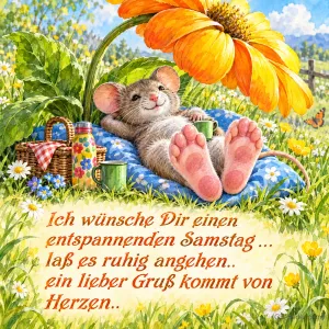 Maus liegt mit Becher auf einem Kissen unter einer großen Blume, Text: Ich wünsche Dir einen entspannenden Samstag … laß es ruhig angehen.. ein lieber Gruß kommt von Herzen..