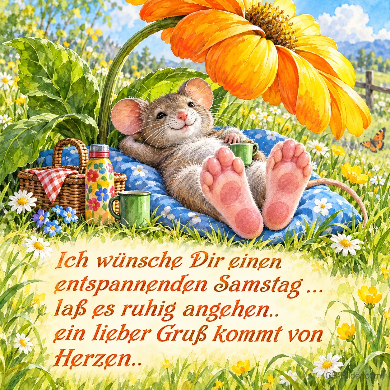 Maus liegt mit Becher auf einem Kissen unter einer großen Blume, Text: Ich wünsche Dir einen entspannenden Samstag … laß es ruhig angehen.. ein lieber Gruß kommt von Herzen..