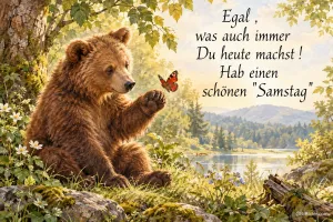 Brauner Bär betrachtet einen Schmetterling auf seiner Pfote am See, Text: Egal, was auch immer Du heute machst! Hab einen schönen „Samstag“