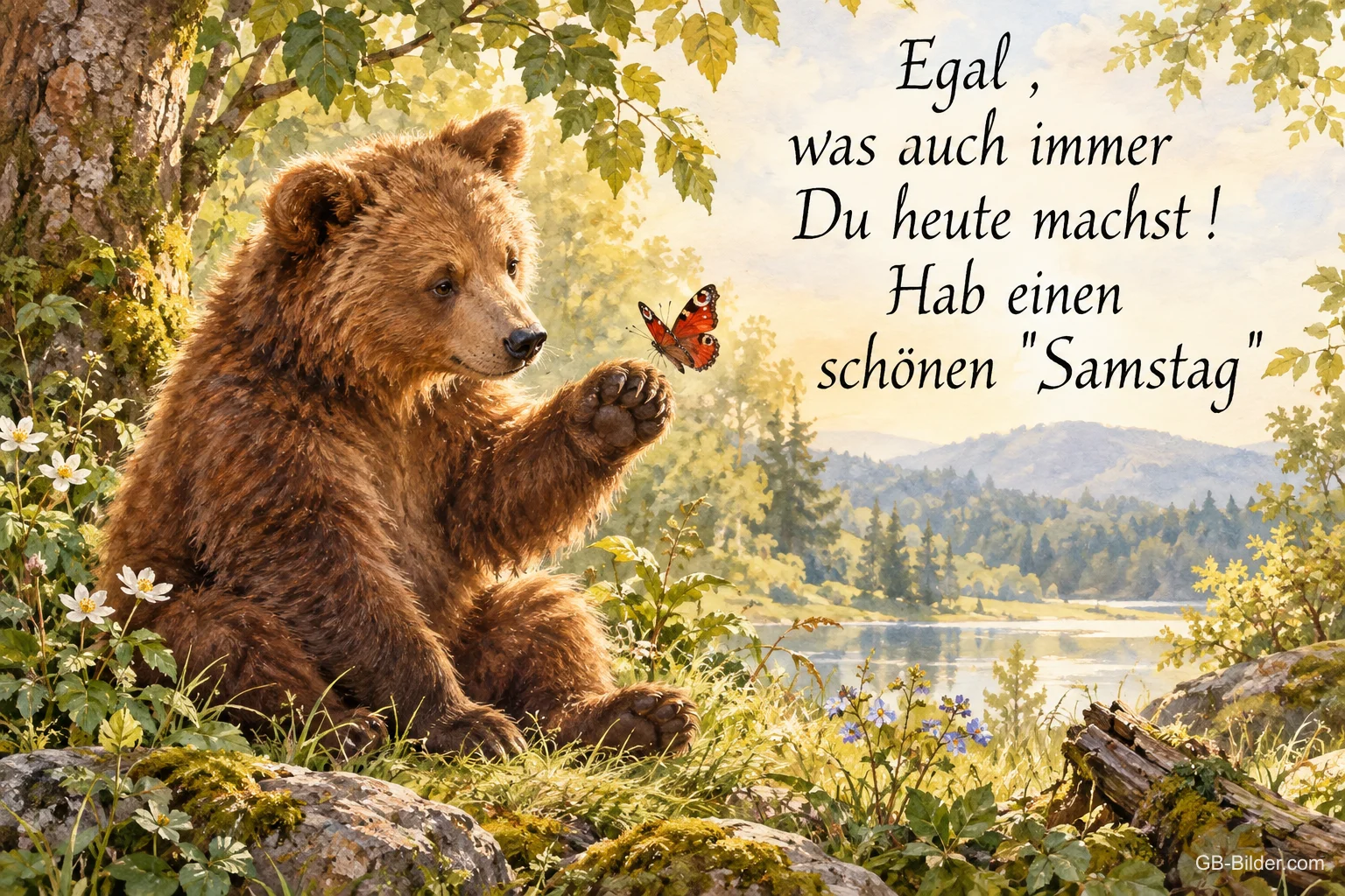 Brauner Bär betrachtet einen Schmetterling auf seiner Pfote am See, Text: Egal, was auch immer Du heute machst! Hab einen schönen „Samstag“